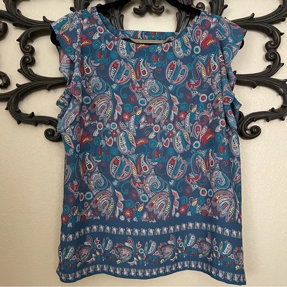 LOFT Top Ruffle Cap Sleeve Floral Paisley Size Petite Medium - Picture 3 of 15